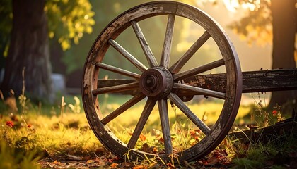 Close-up of aged wooden wagon wheel resting on a sunlit meadow