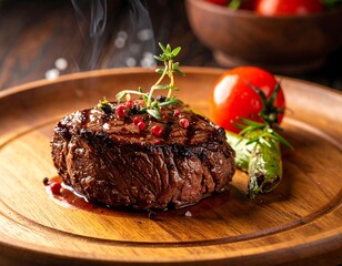 Close-up of cooked steak, garnished with herbs and spices