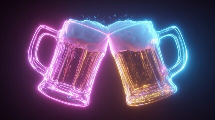 Two glowing neon beer mugs clinking together in a toast, featuring vibrant pink and blue outlines against a dark background, symbolizing celebration and nightlife