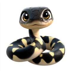 Fototapeta premium Adorable cartoon snake with big, expressive eyes against a clean white background, perfect for children's books or educational content about reptiles