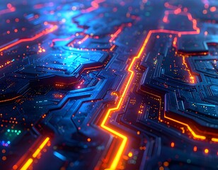 Close-up of glowing circuit board with orange and blue hues