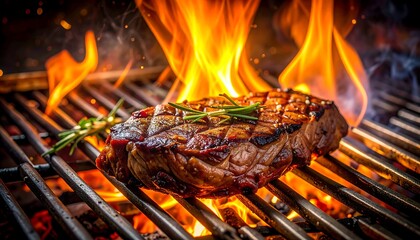 Close-up of grilled, juicy steak, rosemary garnish, blazing flames