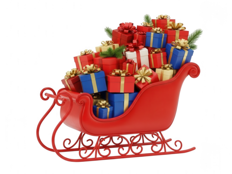 Red sleigh overflowing with christmas gifts isolated on transparent background - Powered by Adobe