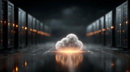 Professional cloud computing solution with glowing data servers for modern data storage needs and streamlined IT infrastructure, offering scalable solutions
