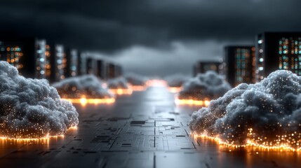Futuristic server landscape with glowing clouds for AI concepts and digital transformation, a modern tech background showing data flow and connectivity