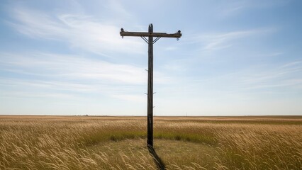 A weathered utility pole stands in a grassy field under a bright partly cloudy sky