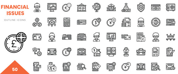 A collection of financial issue outline icons, showcasing analytics, currency, and budgeting concepts.