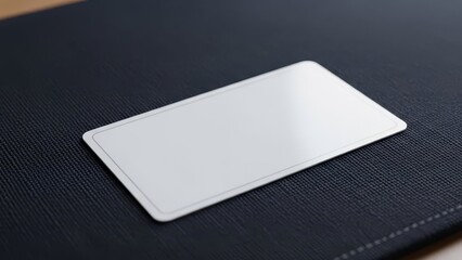 An isolated white card with rounded edges rests on a textured dark surface subtly reflecting ambient light