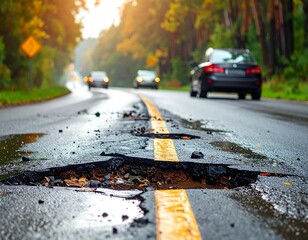 Close-up of road damage with cars on a blurred, forested road