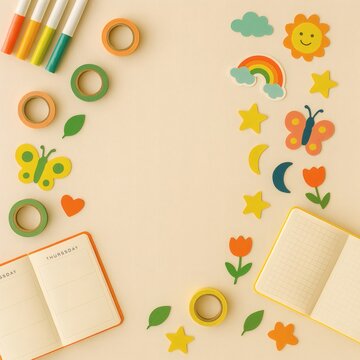 Playful creative planning flat-lay with scattered edges of colored markers, washi tape, stickers, and planners on neutral surface, imaginative top-down composition with empty center