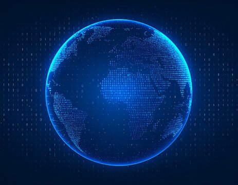 Glowing digital representation of Earth surrounded by binary code - Powered by Adobe