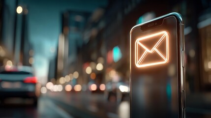 Glowing neon envelope icon illuminates smartphone screen amidst blurred city lights, signaling instant communication.