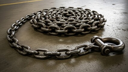 Obraz premium Coiled metal chain with a shackle on a concrete surface