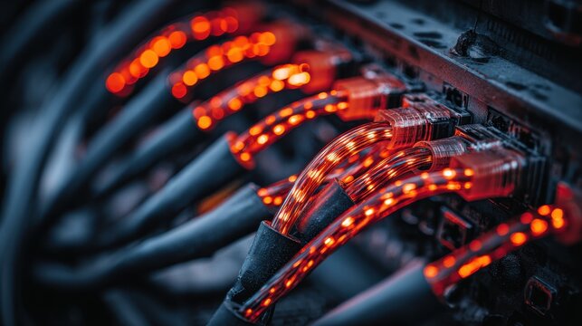 Close up of illuminated network cables with bright orange glow - Powered by Adobe