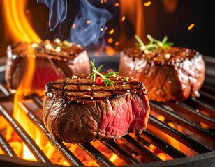 Close-up of three grilled, seared, and juicy steaks on fire