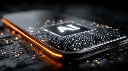 Stunning AI chip glows on futuristic circuit board, symbolizing technological innovation and digital transformation
