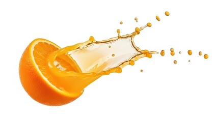 A vibrant orange half with a dynamic splash of fresh juice bursting outwards against a clean white background.
