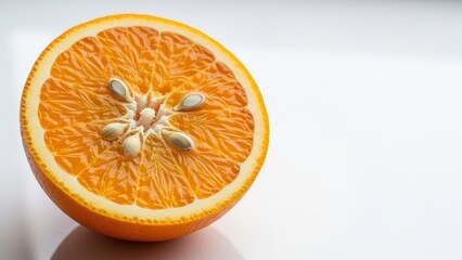 A vibrant close-up of a freshly cut orange half, showcasing its juicy segments and visible seeds against a bright white background.