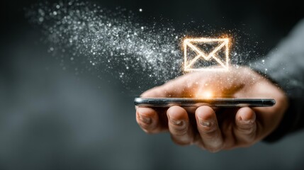 Instantly connect and communicate with a glowing digital message icon emerging from a smartphone held in a hand, symbolizing modern communication and digital outreach.