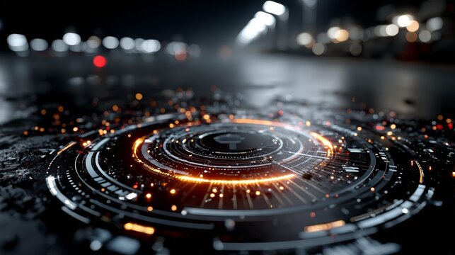 Dynamic digital interface with glowing circuits and futuristic energy pulses in a dark, modern environment - Powered by Adobe