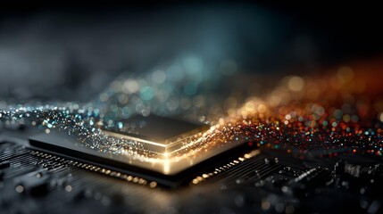 Stunning futuristic circuit board with glowing data streams symbolizes technological innovation and digital progress