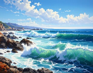 Coastal scene turquoise waves crash against rocky shoreline under a blue sky