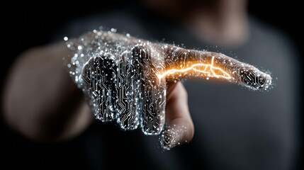 Dynamic digital hand glows with electrical energy and futuristic circuit patterns symbolizing innovation and advanced technology