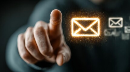 Human finger activating glowing email icon with digital communication network in background, representing modern messaging and connectivity.