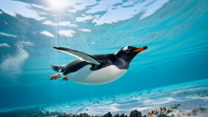 gentoo penguin gracefully flying through clear turquoise antarctic water sunlight air bubbles dynamic movement action shot perfect for penguin awareness day
