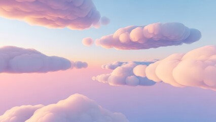 Fluffy 3D cloud forms floating in pastel gradient sky, smooth soft lighting, dreamy surreal mood.