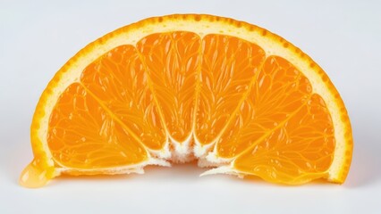 A close-up, detailed shot of a vibrant orange slice, showing its juicy segments and texture on a white background.
