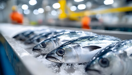 Freshly caught fish displayed on ice in a modern seafood processing facility, highlighting the industry standards.