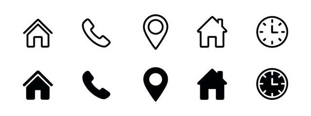 Interface Icons Vector. Phone, Home, Location Pin, Clock and Calendar Symbols for Navigation and Contact