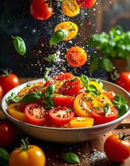 Colorful salad of sliced tomatoes, basil leaves, with seasoning