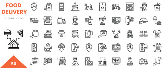 A collection of 50 food delivery outline icons depicting various services and items.