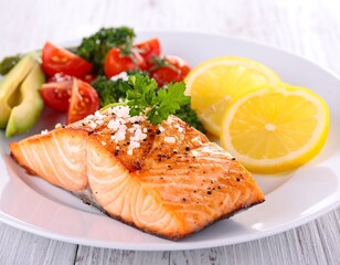Grilled salmon fillet served with fresh vegetables and lemon slices