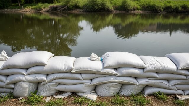 Sandbags form a barricade against a body of water reflecting trees on its surface Green vegetation appears at the waters edge