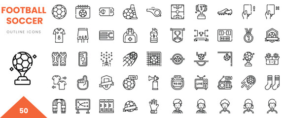 Collection of 50 outline icons representing various aspects of football (soccer) activities.