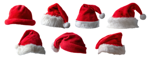 Red velvet Santa hat collection arranged on transparent background, festive holiday hats with white fur trim and pompom, cozy seasonal accessories evoking cheerful celebration