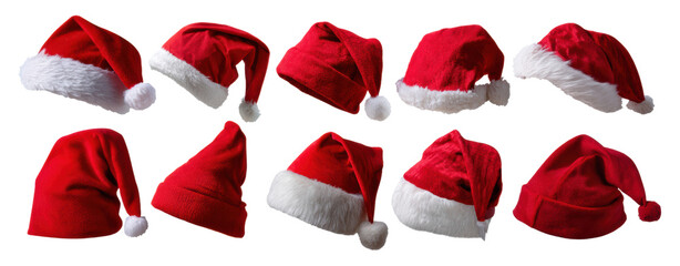 Fototapeta premium Festive red Santa hat collection, varied shapes and textures arranged on transparent background conveying cheerful holiday spirit and cozy seasonal tradition