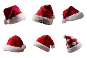 Red velvet Santa hat with white fur trim, cozy holiday headwear arranged in varied angles conveying warm festive cheer