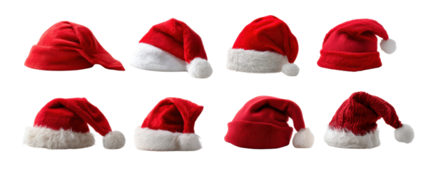 Red Santa hat closeups in various styles and fabrics, festive red and white winter hats for holiday design, cozy texture and playful mood
