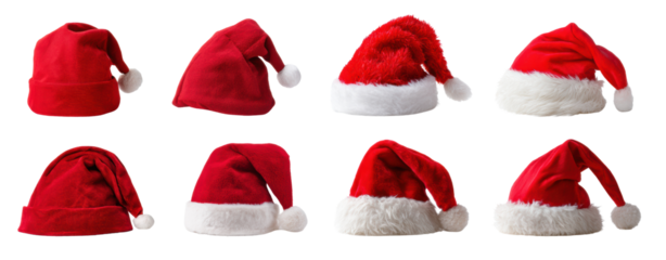 Red Santa hat collection photographed on transparency background, festive red velvet and white fur texture, cozy holiday mood with varied shapes and pompom details