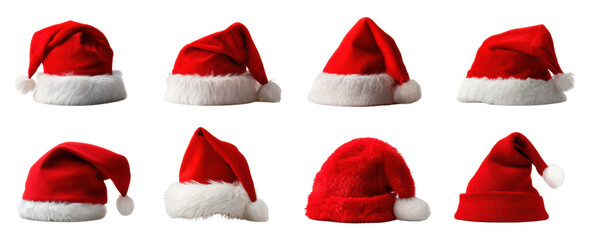 Red Santa hat collection photographed on transparency background, festive red velvet and white fur texture, cozy holiday mood with varied shapes and pompom details