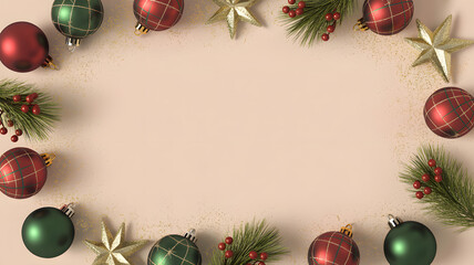 Festive christmas frame with classic red and green baubles, sparkling gold stars, and pine branches adorned with red berries, arranged on a soft beige background for holiday designs