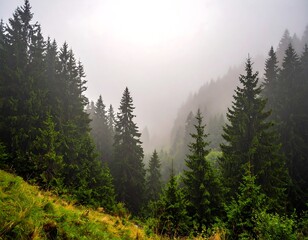 Dense green fir trees on a mountain, shrouded in a morning mist