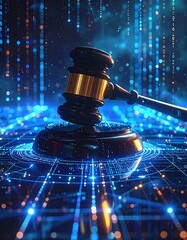 Digital gavel on stand, over circuit board, data streams background
