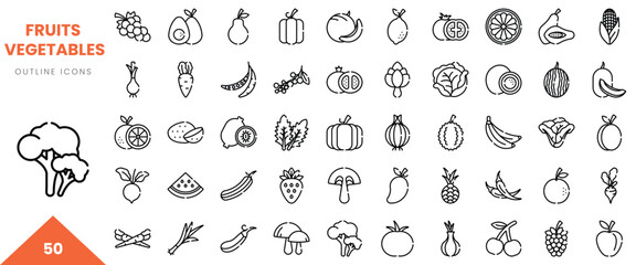 A collection of 50 outline icons featuring various fruits and vegetables.