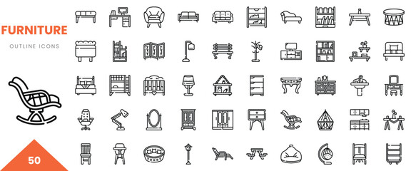 A collection of 50 outline icons representing various furniture items in a minimalistic style.