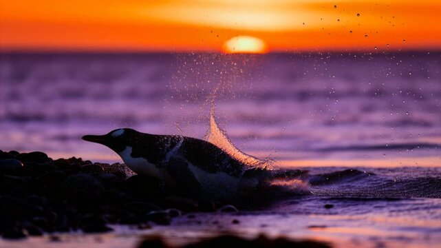 dramatic silhouette magellanic penguin leaping out of ocean porpoising rocky shore setting sun vibrant orange purple sky perfect for penguin awareness day